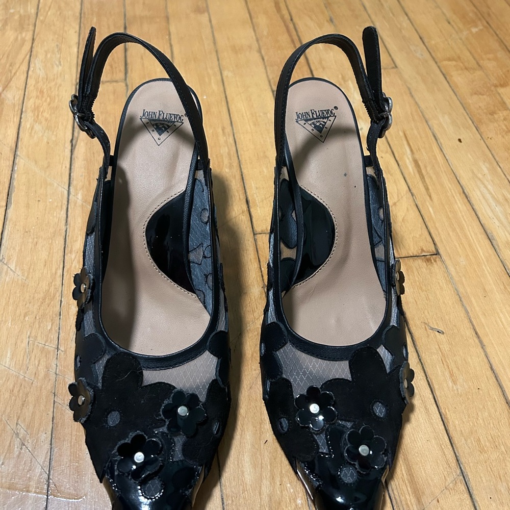 John Fluevog Black Floral Slingback Heels